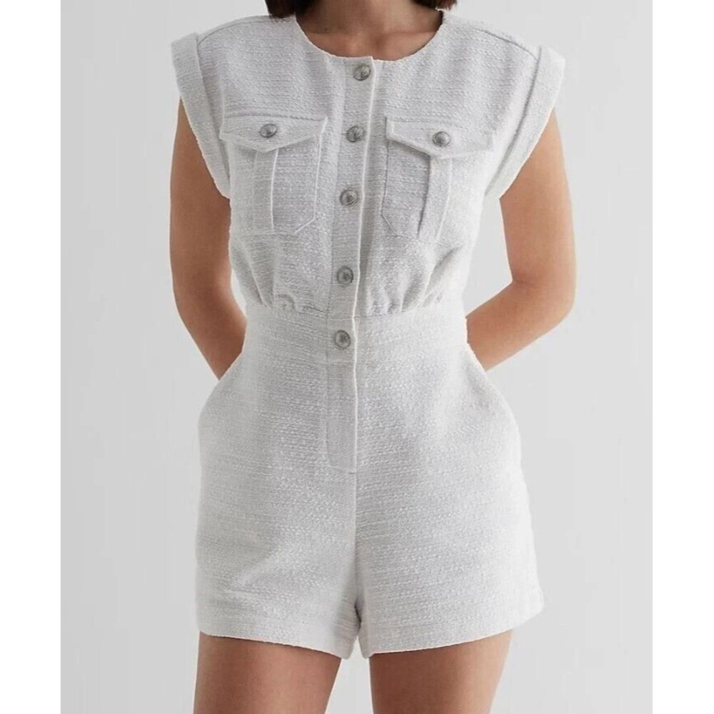 Women's White Express Boucle Tweed Sleeveless Utility Romper Size 6